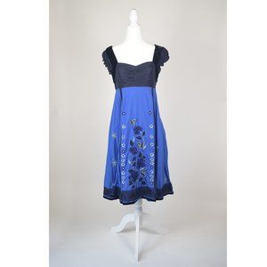 Anthropologie Vintage Lithe Silent Solstice Blue/Black Embroidered Dress Size 4